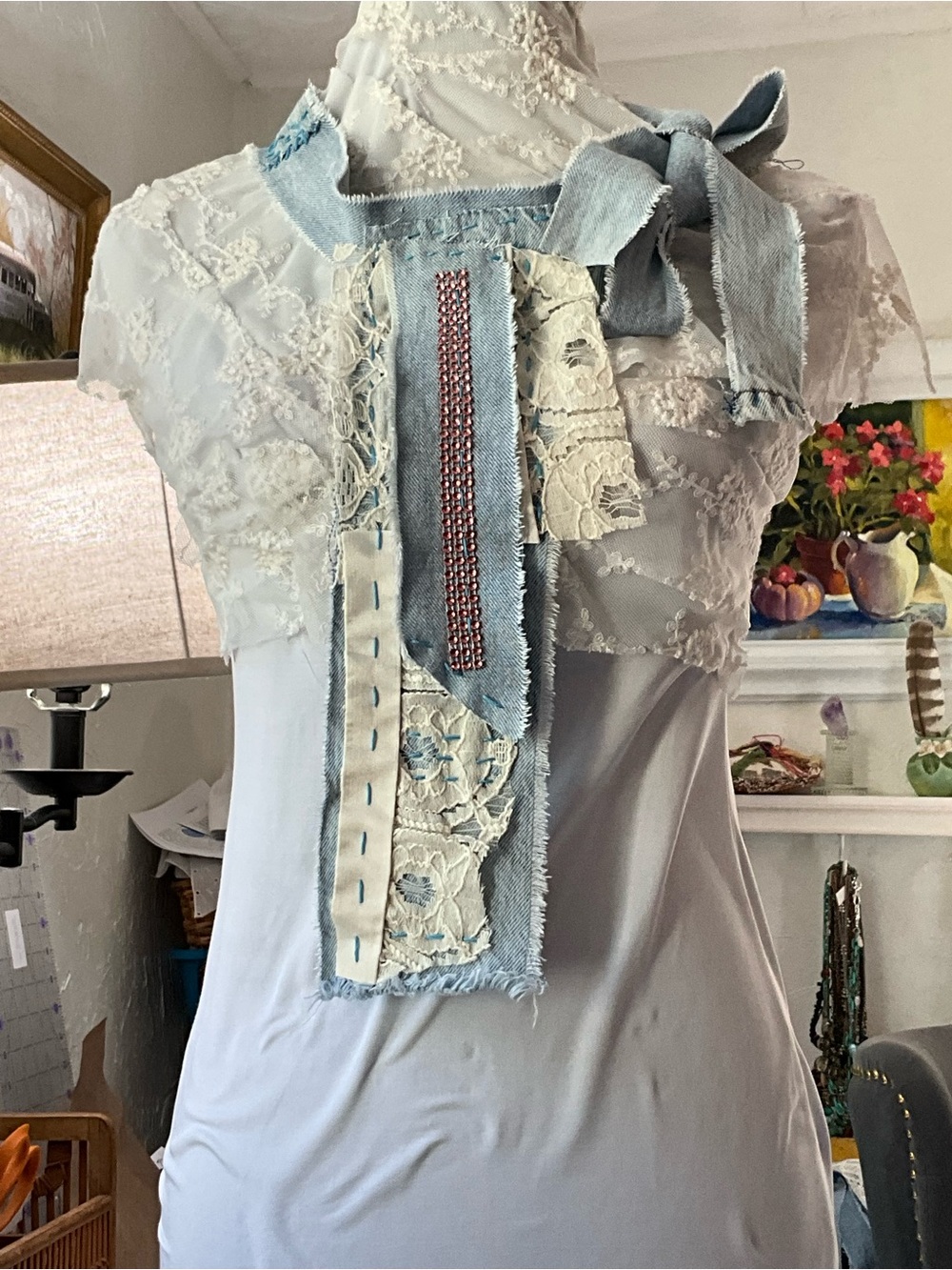 Hand Crafted Necktie Scarf Jabot Upcycled Denim Vintage Lace Artisan OS - Picture 3 of 9
